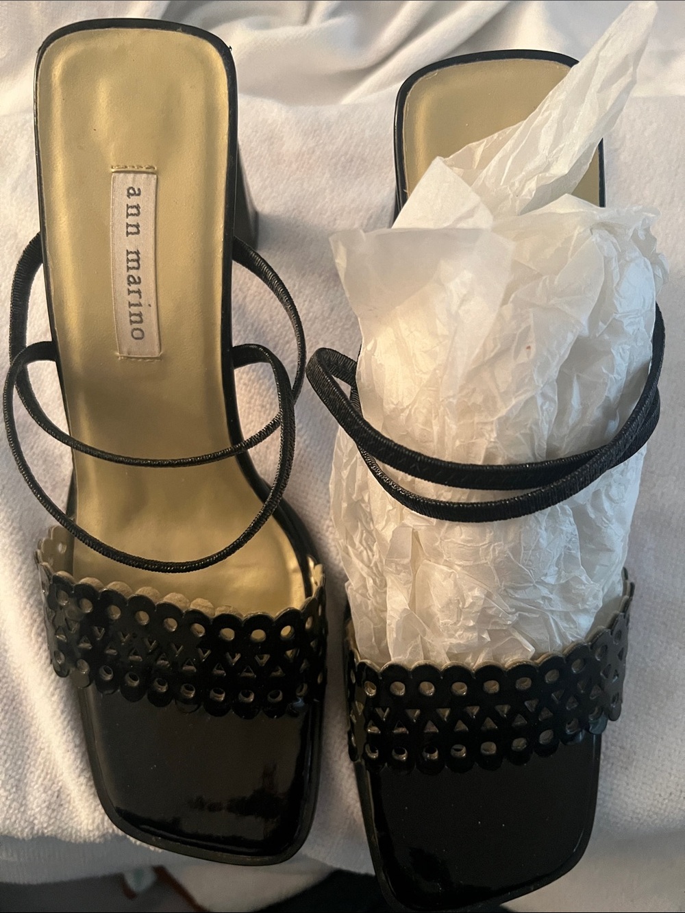 Ann Marino Black Patent Square-Toe Strappy Mules